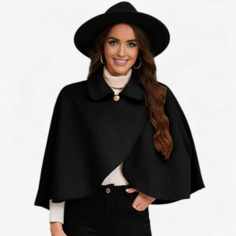 Manteau poncho court femme à col revers boutonné - Image 2