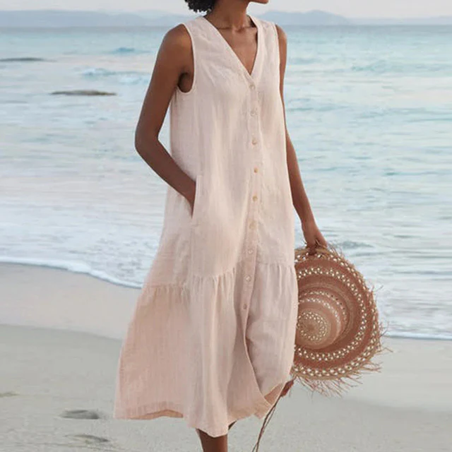 Robe longue sans manches femme décolleté en V