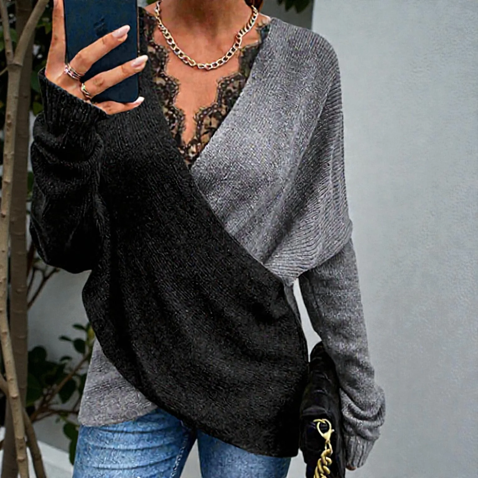 Pull femme ample manches longues col V - Image 2
