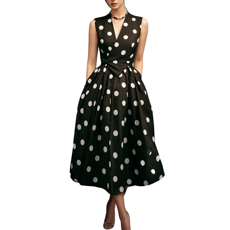 Robe sans manches à pois avec taille haute et poches - Image 2