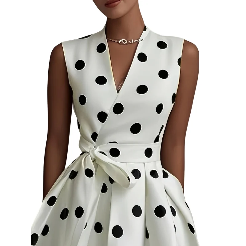 Robe sans manches à pois avec taille haute et poches - Image 3