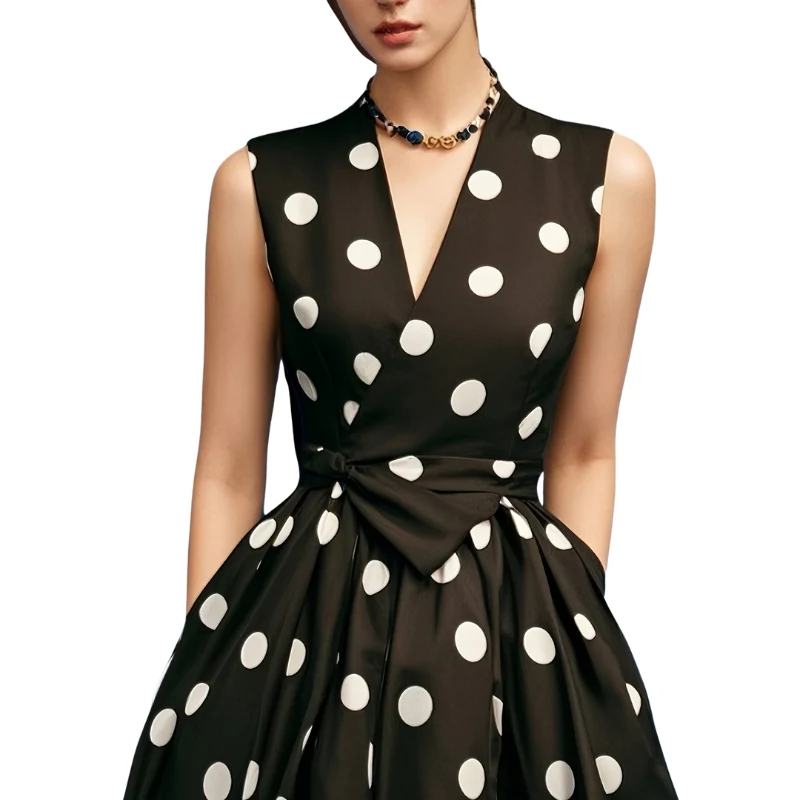 Robe sans manches à pois avec taille haute et poches - Image 4