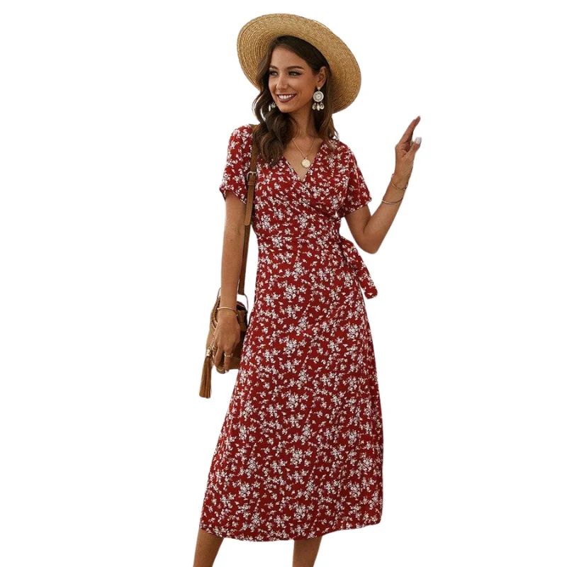 Robe maxi imprimée col V avec manches bouffantes et ceinture