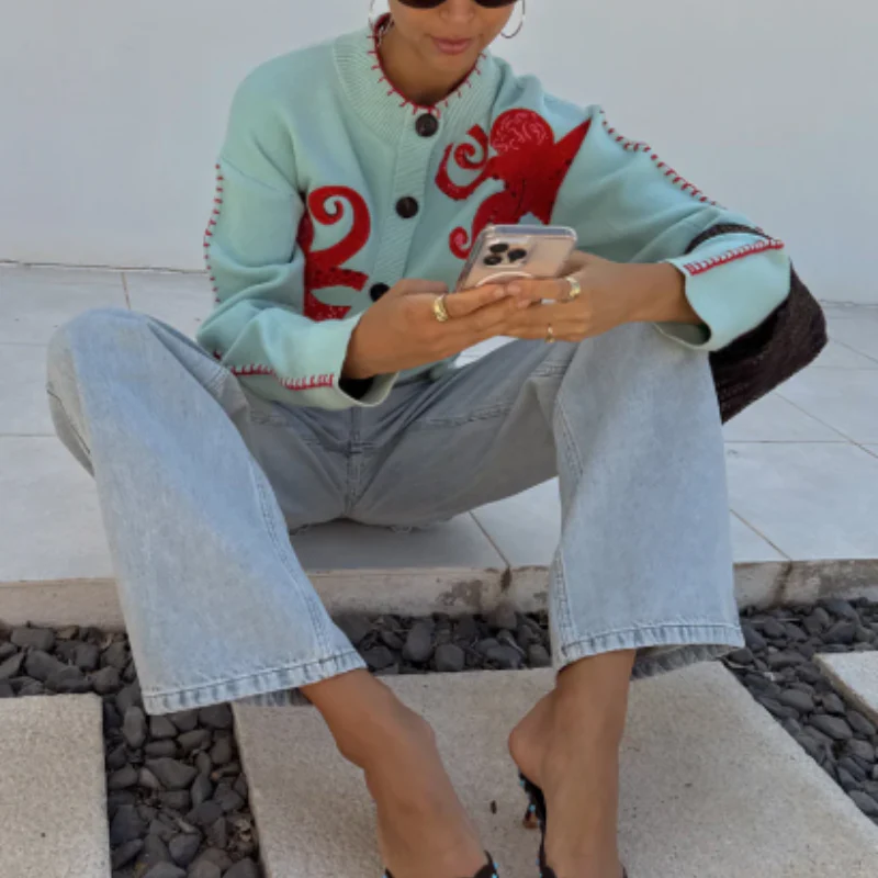 Shirley – Cardigan en maille à manches longues avec imprimé pieuvre marin - Image 2