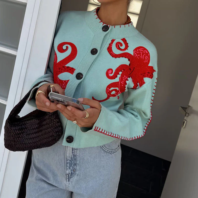 Shirley – Cardigan en maille à manches longues avec imprimé pieuvre marin - Image 3