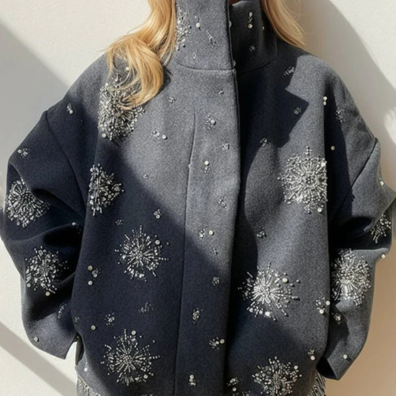 Veste femme brodée col montant oversize - Image 2