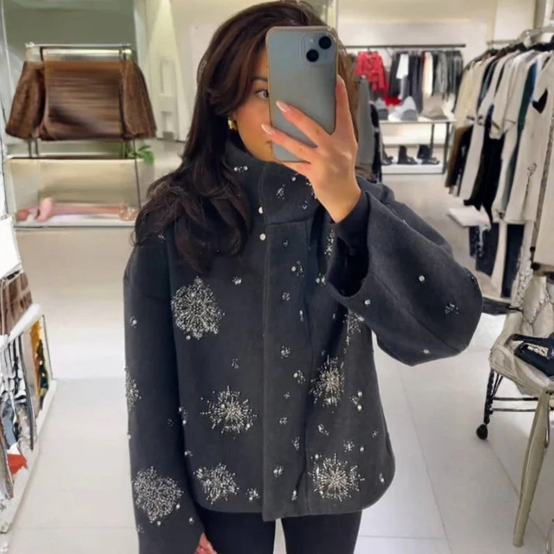 Veste femme brodée col montant oversize - Image 4