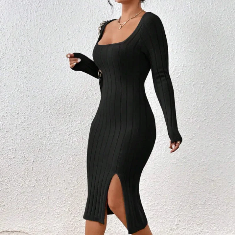 Robe midi femme côtelée encolure carrée