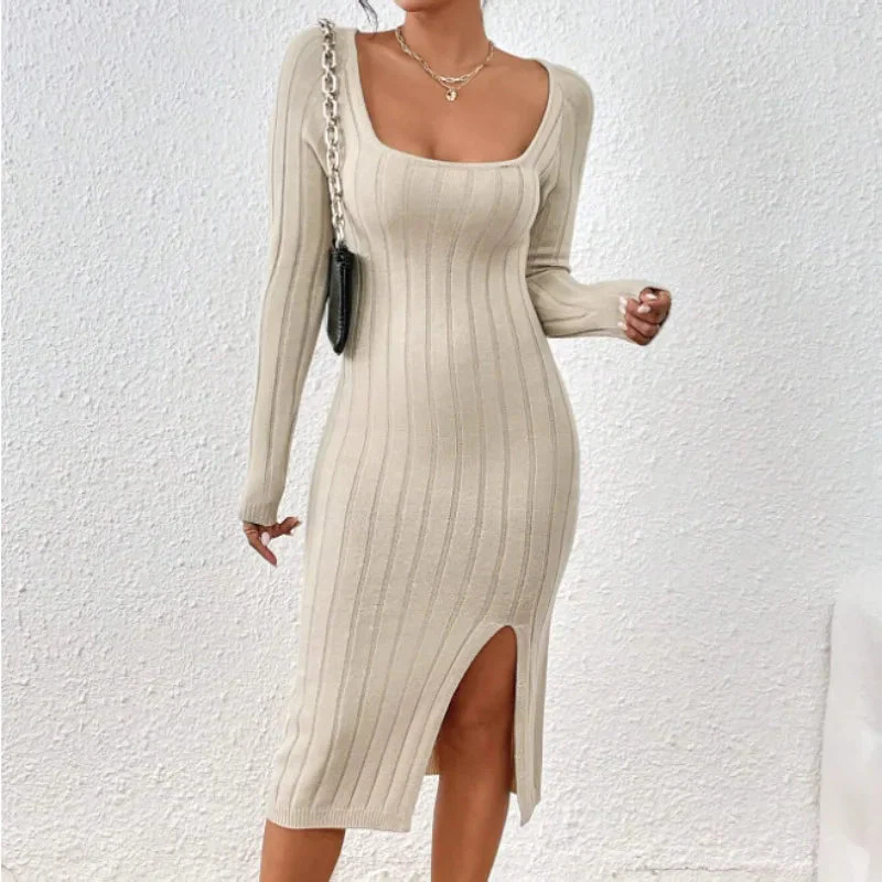 Robe midi femme côtelée encolure carrée - Image 3