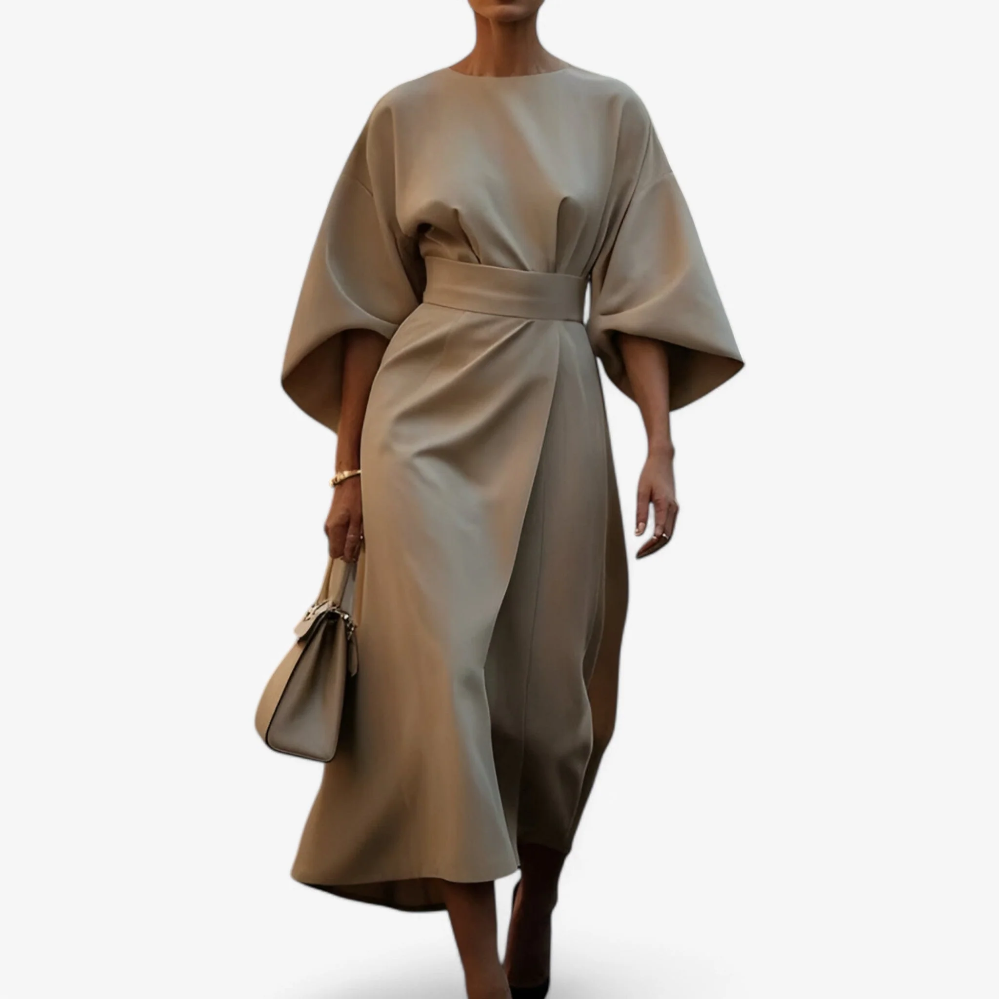 Robe longue élégante à encolure ronde et taille ceinturée - Image 2