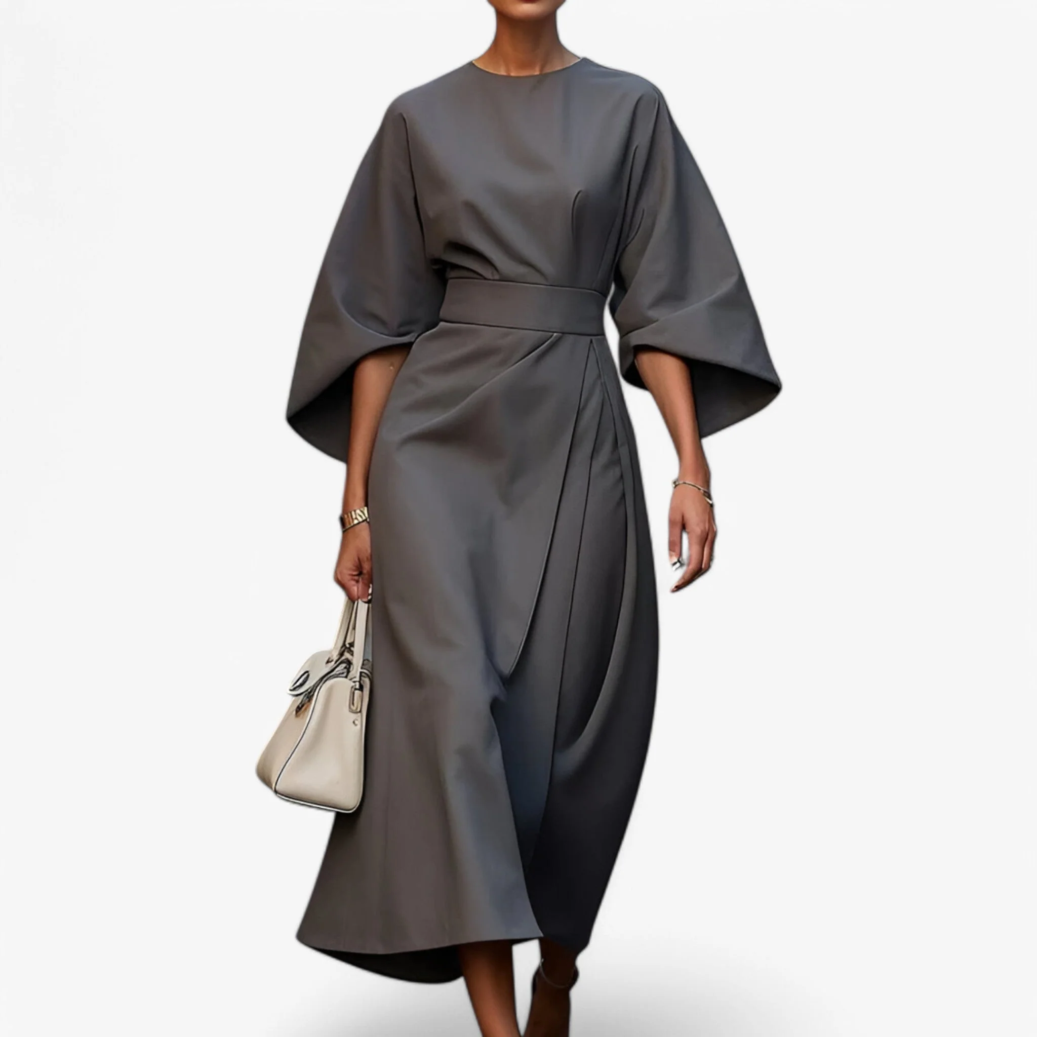 Robe longue élégante à encolure ronde et taille ceinturée - Image 5