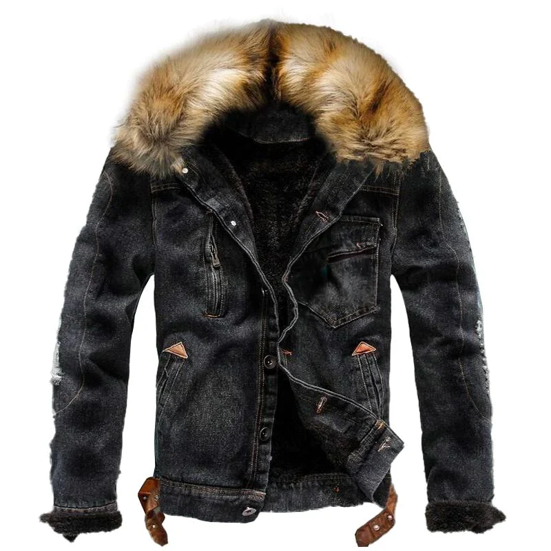 Veste en jean vintage femme avec col en fausse fourrure amovible