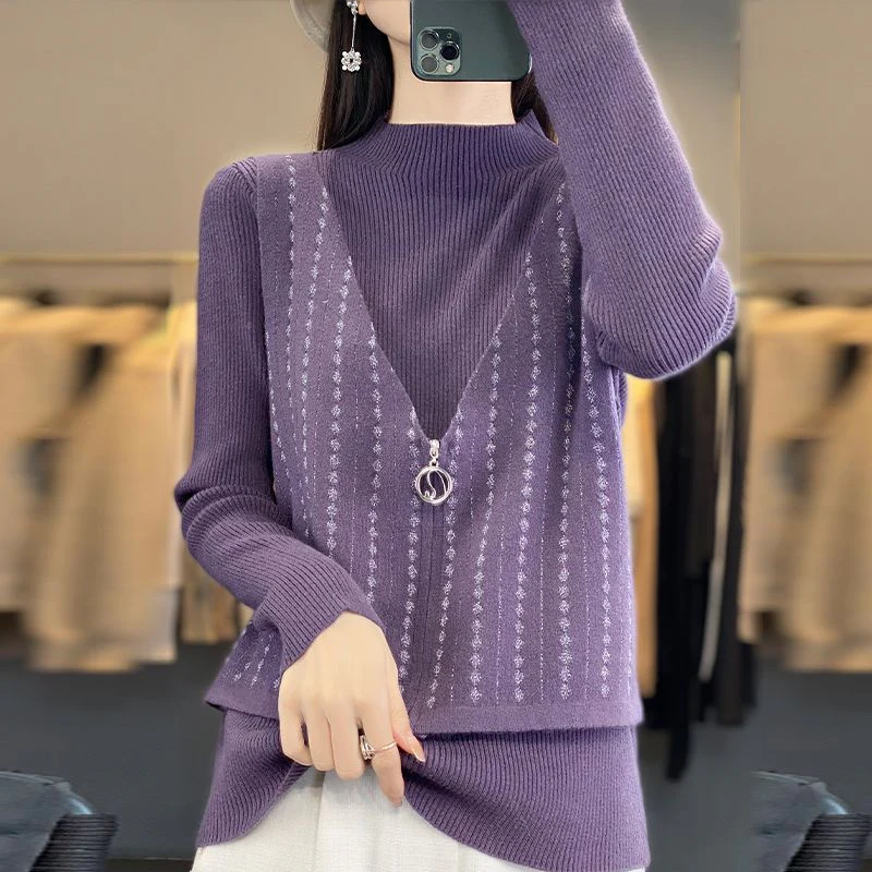 Pull femme ample imprimé manches longues col montant zippé - Image 2