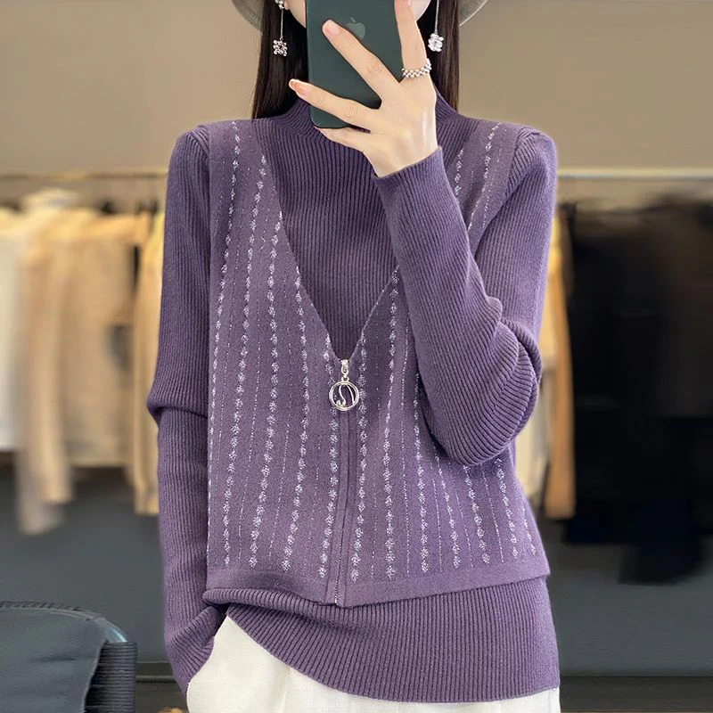 Pull femme ample imprimé manches longues col montant zippé - Image 4