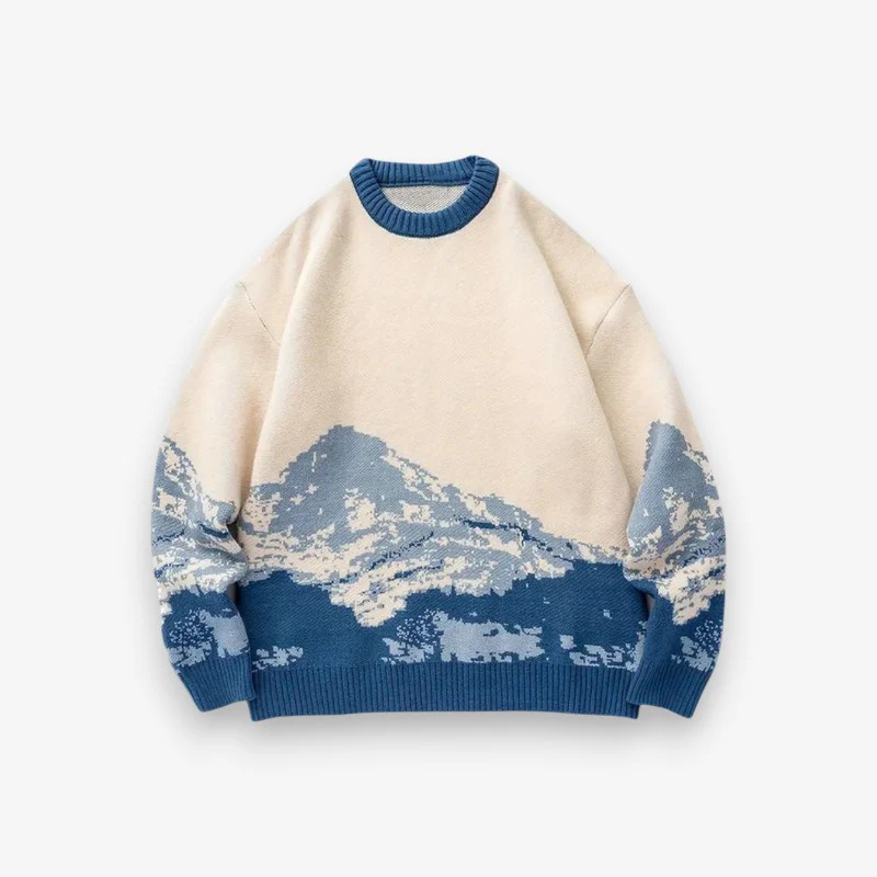 Pull homme motif paysage montagne col rond manches longues