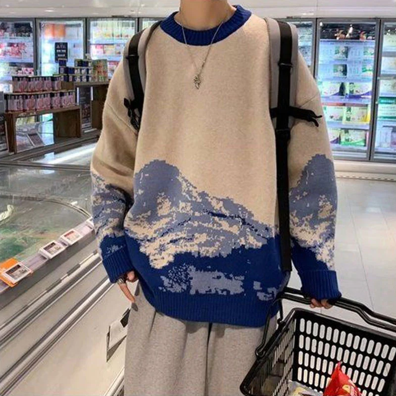 Pull homme motif paysage montagne col rond manches longues - Image 4