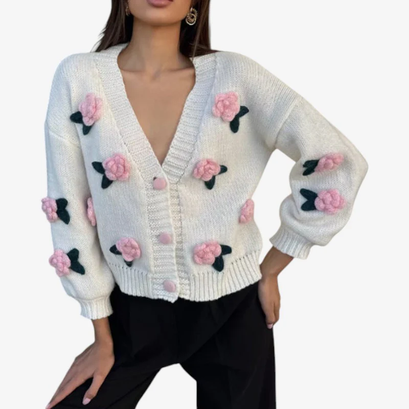 Tiffany – Cardigan à motif floral avec bords côtelés