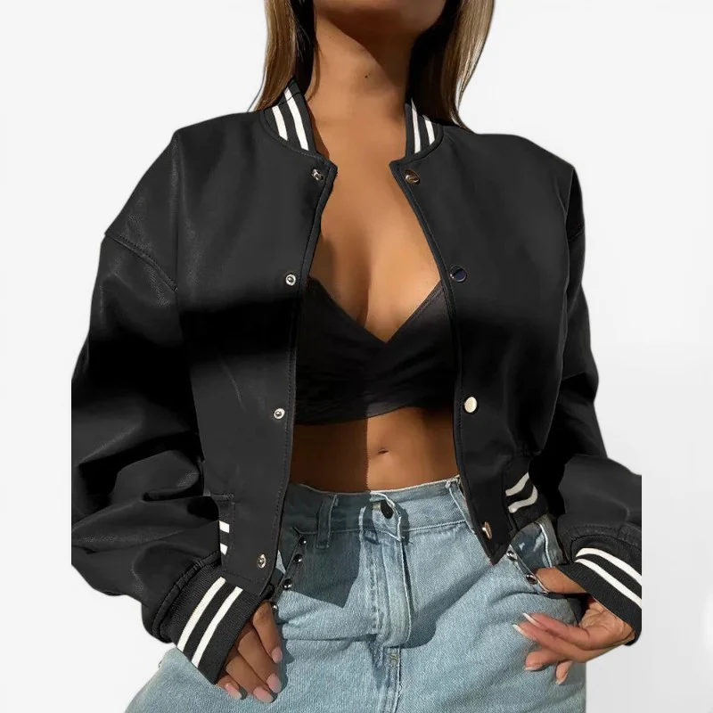 Veste Courte en Cuir avec Col Rond et Fermeture Boutonnée