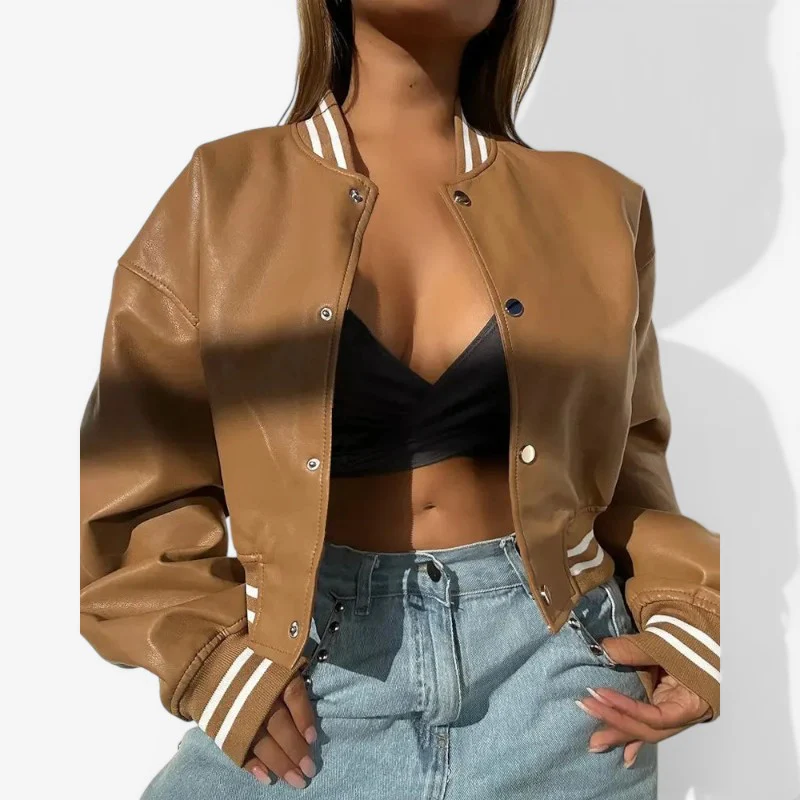 Veste Courte en Cuir avec Col Rond et Fermeture Boutonnée - Image 2