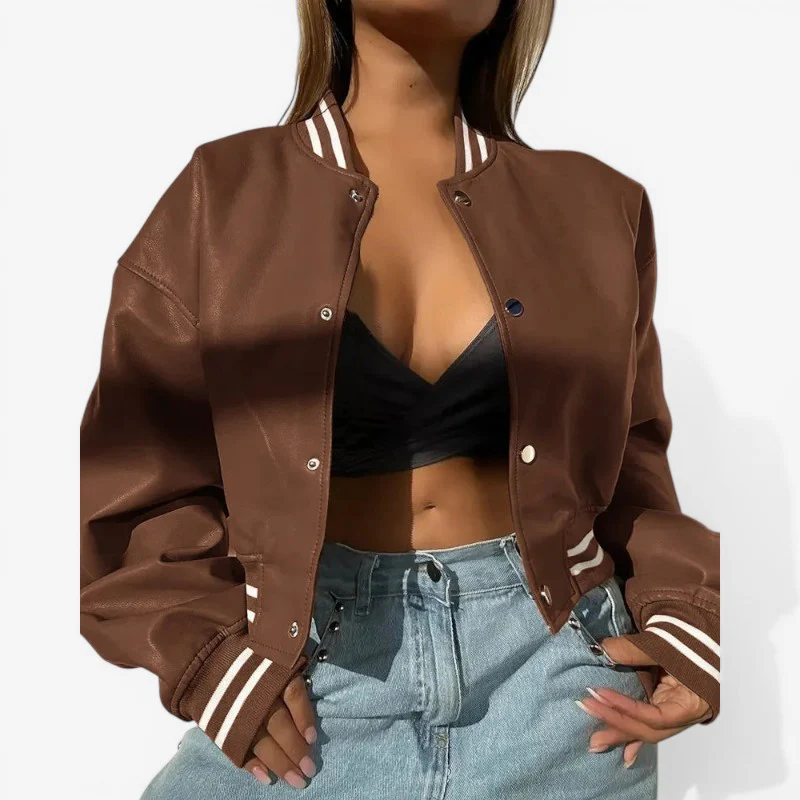 Veste Courte en Cuir avec Col Rond et Fermeture Boutonnée - Image 5