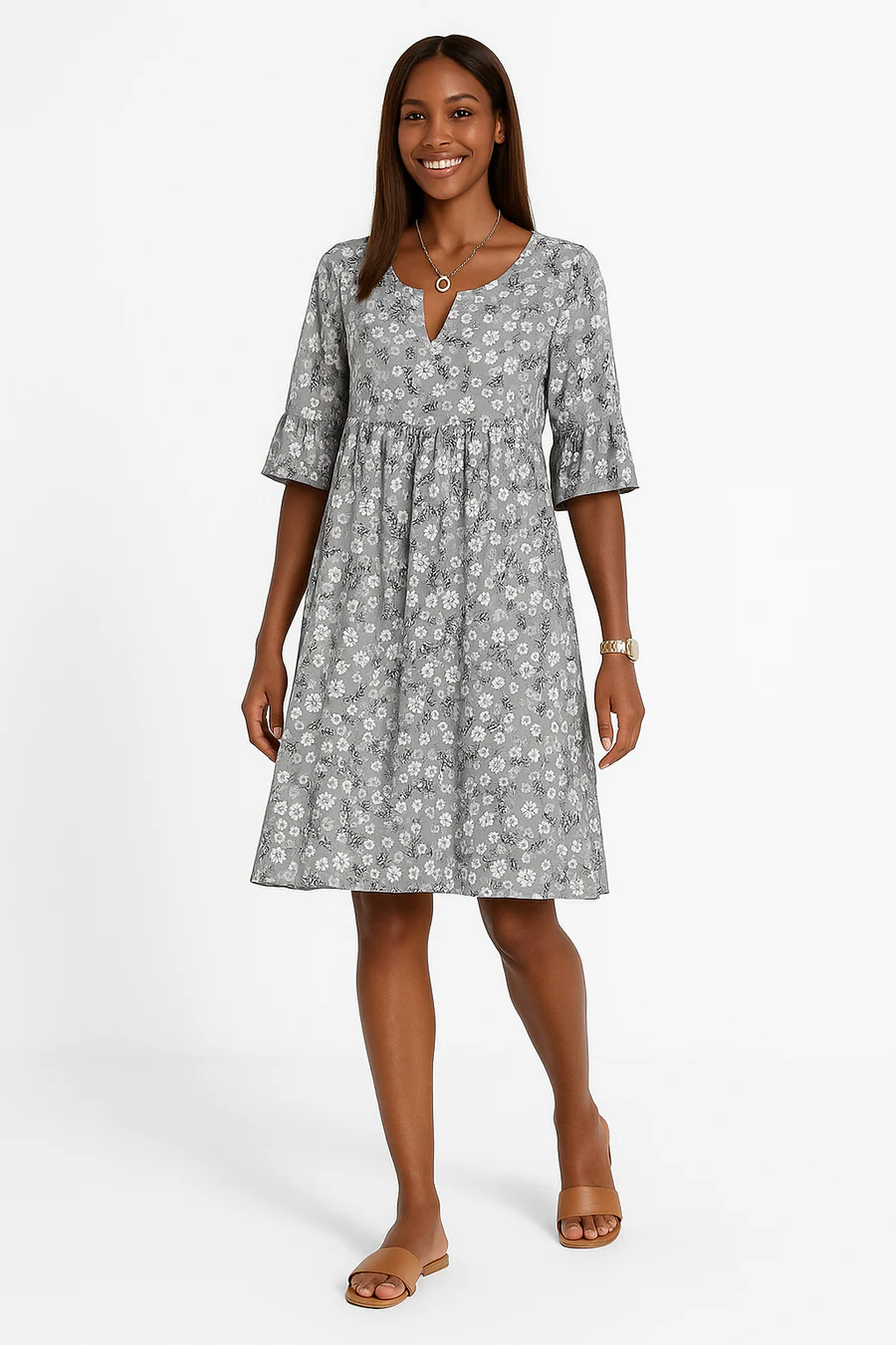 Robe Fleurie Violette à Décolleté en V Profond et Manches Évasées - Image 4