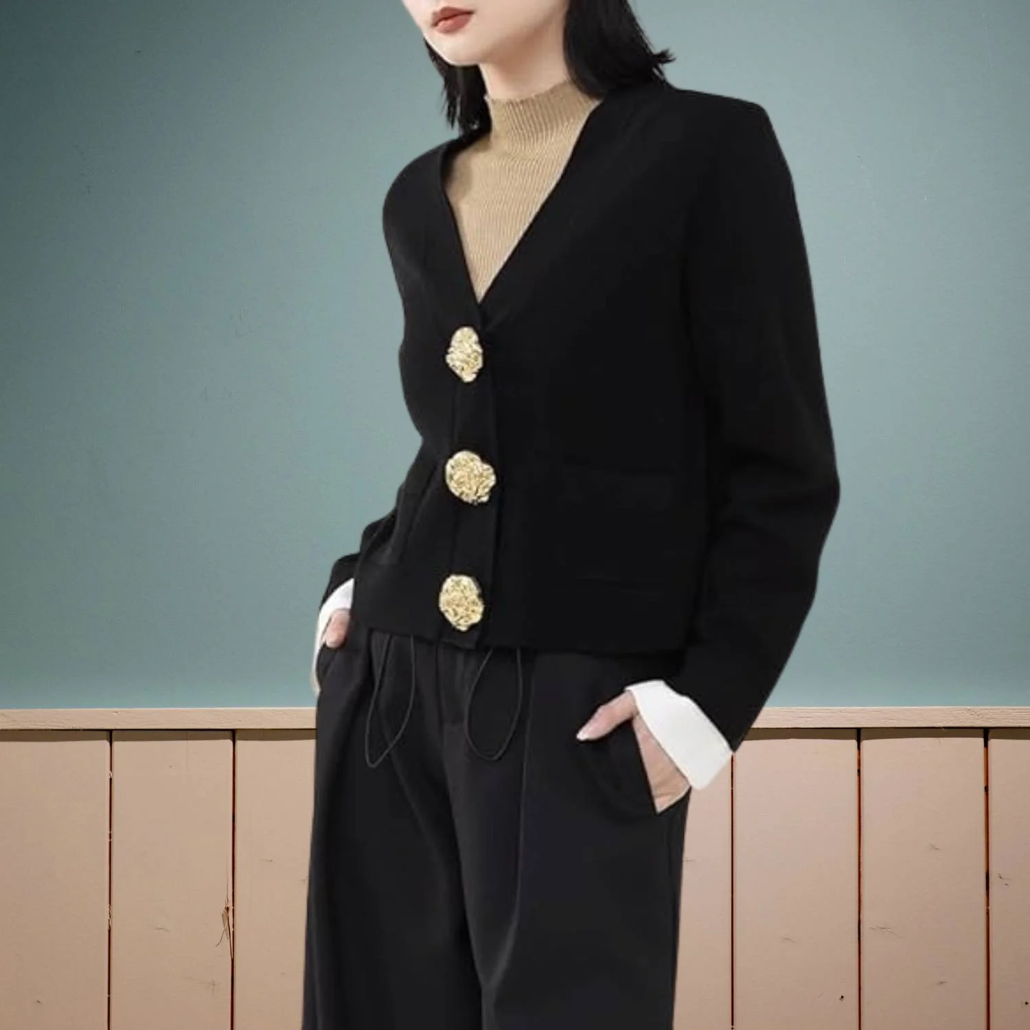 Cardigan femme tricoté col en V avec boutons dorés - Image 5