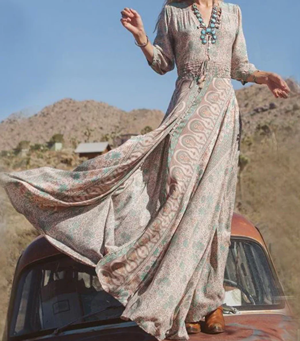 Zulana - Robe longue bohème imprimée Manches volantées, fentes pour mouvement - Image 3