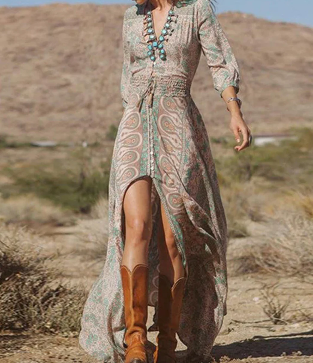 Zulana - Robe longue bohème imprimée Manches volantées, fentes pour mouvement - Image 4